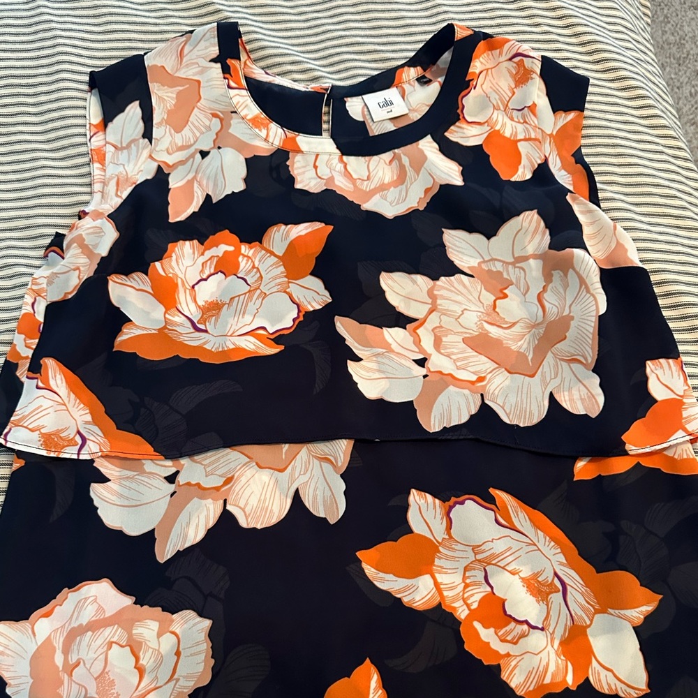 CAbi floral navy orange blossom blouse tiered.